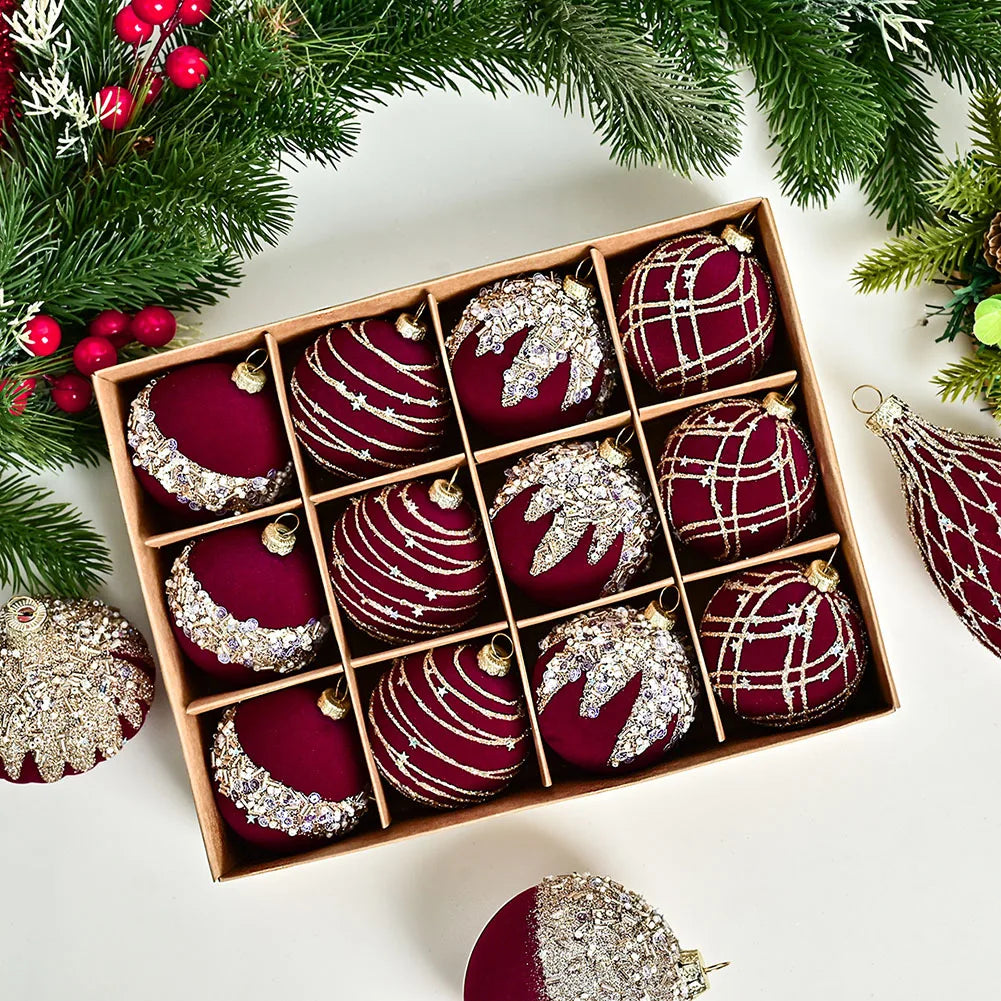 Flocked Christmas Ball Ornament Set – 12-Piece Holiday Tree Baubles | Festive Gift for Her & Home