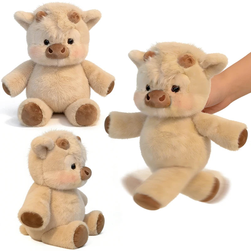 Collage of three views of the cream fluffy Highland cow plush