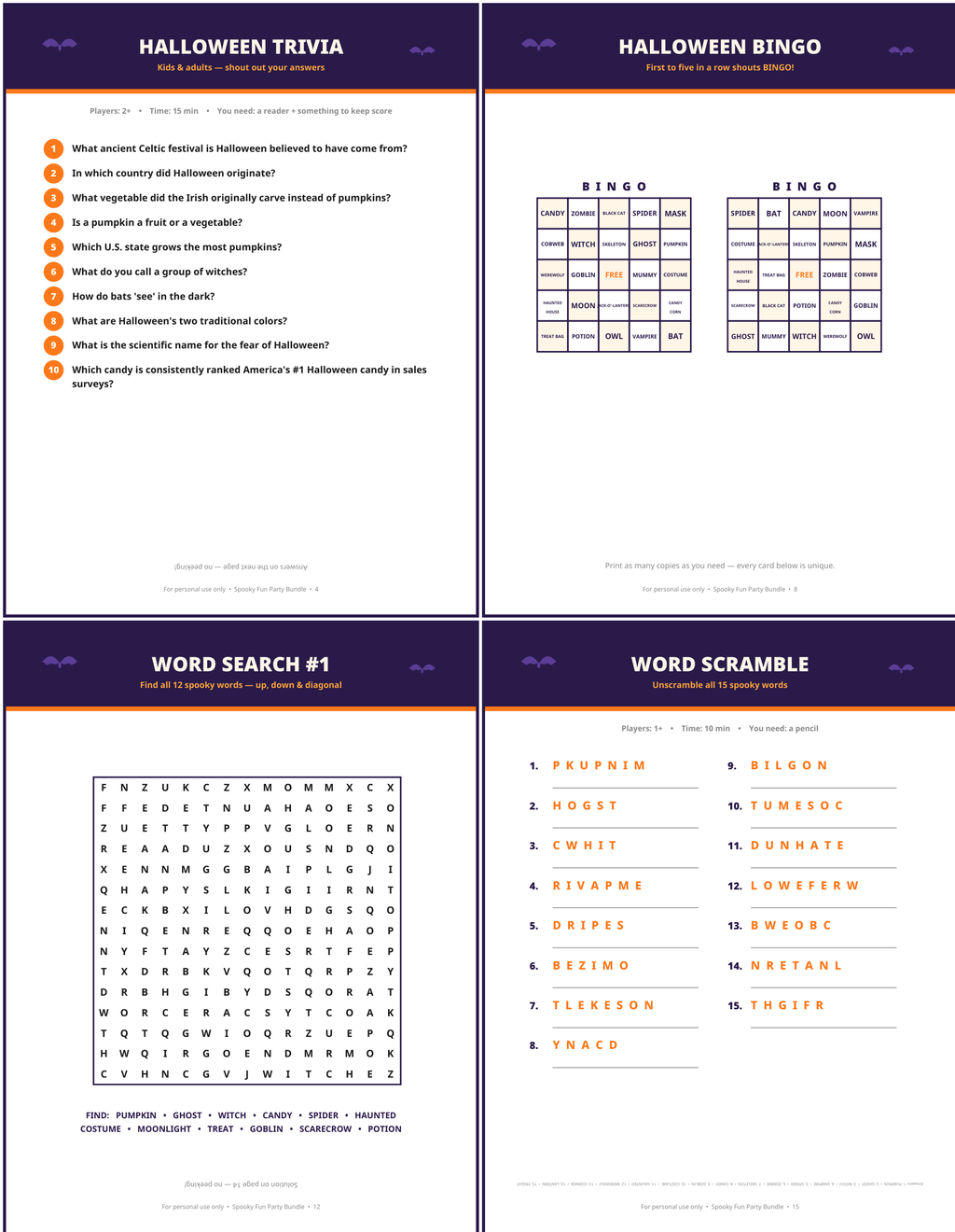 Halloween Party Games Bundle — 16 Printable Halloween Games & Activities for Kids & Adults