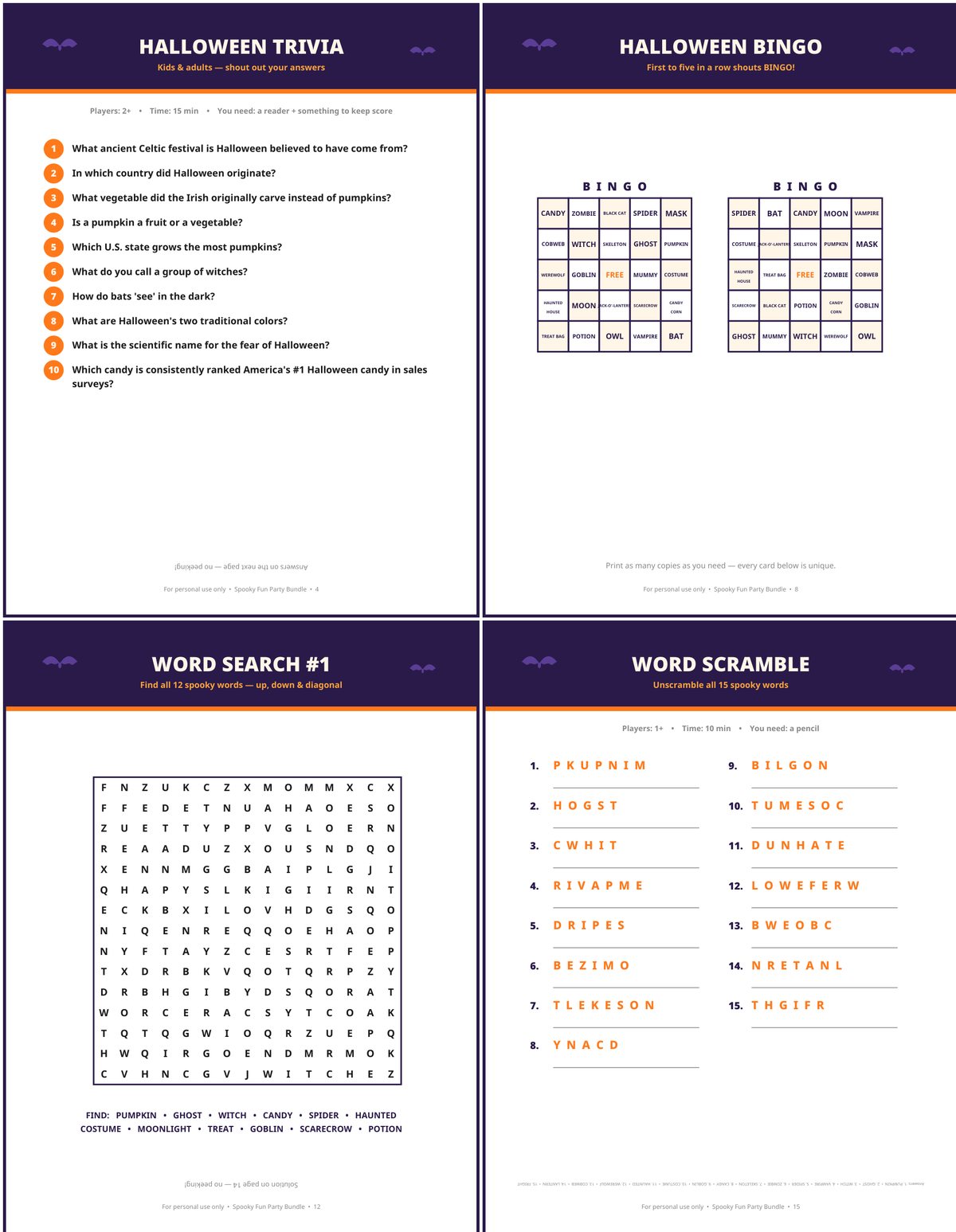 Halloween Party Games Bundle — 16 Printable Halloween Games & Activities for Kids & Adults