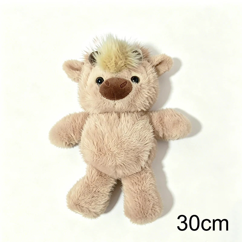 Milk tea beige fluffy Highland cow plush with yellow forelock, 30cm