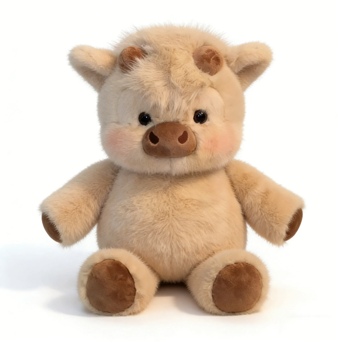 Khaki fluffy Highland cow plush studio shot on white, 40cm