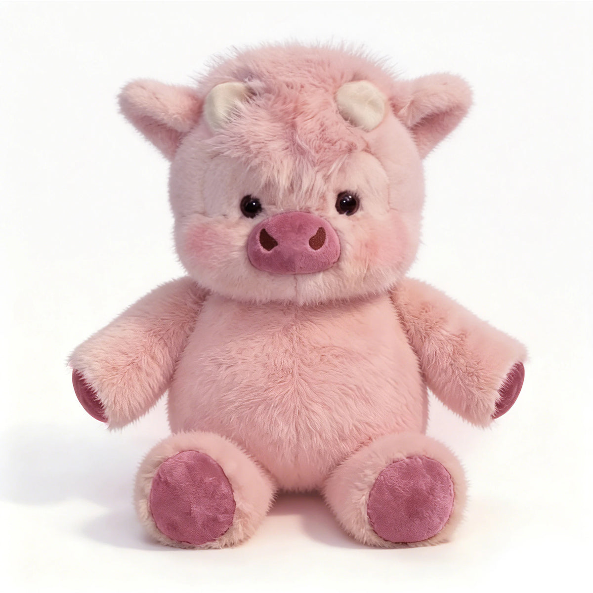 Pink fluffy Highland cow plush studio shot on white, 40cm